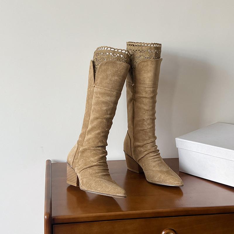 Fashion Autumn Winter Fashion Pleated Design Women Knee-High Boots Vintage Faux Suede Lace High heels Western Cowboy Long Booties Shoes