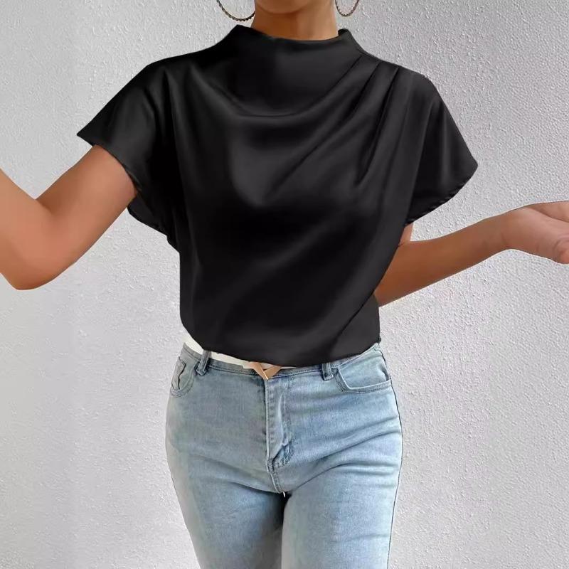 New Summer Round Neck Short Sleeve Pleated Casual Shirt for Women Fashion Elegant Tops Slim Fit Solid Loose Women Blouses Simple Ladies Shirts 26524