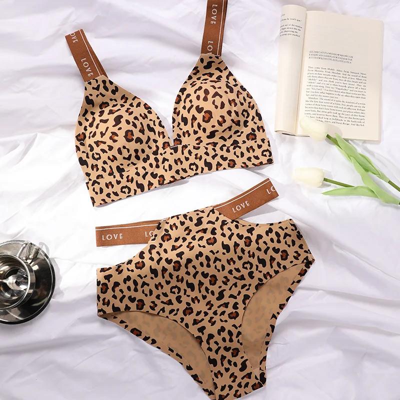 Nahtloses sexy Leoparden-BH-Set für Damen Push-Up-BHs Ausgeschnittene hoch elastische Slips für Damen Atmungsaktive weiche Unterwäsche S-XL