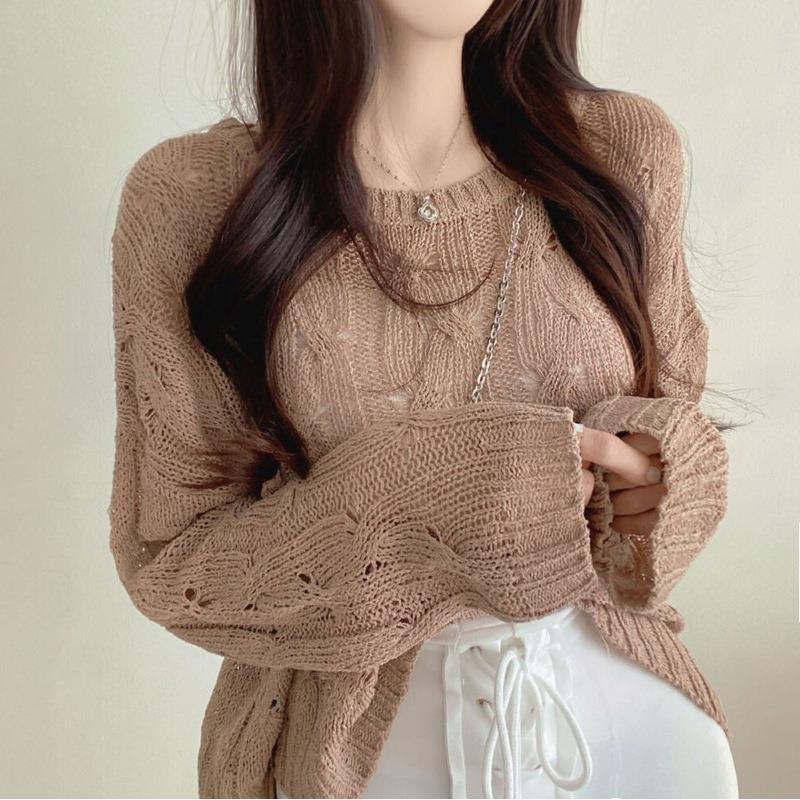 

Ранняя осень Трикотаж Свободный Длинный рукав Защита от солнца Одежда Женский пуловер Тонкий Ажурный Короткий кардиган 2XL хаки