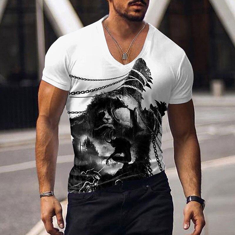 Oversized Animal T-shirt Unisex Black Tees Lion Print Shirts Pattern V-neck Tops Fashion Casual Short Sleeve Summer Unisex's Clothing