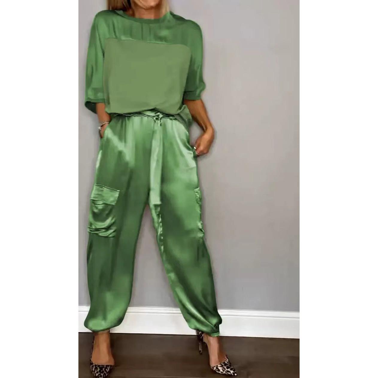 

Spring Women s Fashionable Smooth Satin Half Sleeve Top With Strap Pants Pocket Set Half Sleeve Pants Two Piece Set XS