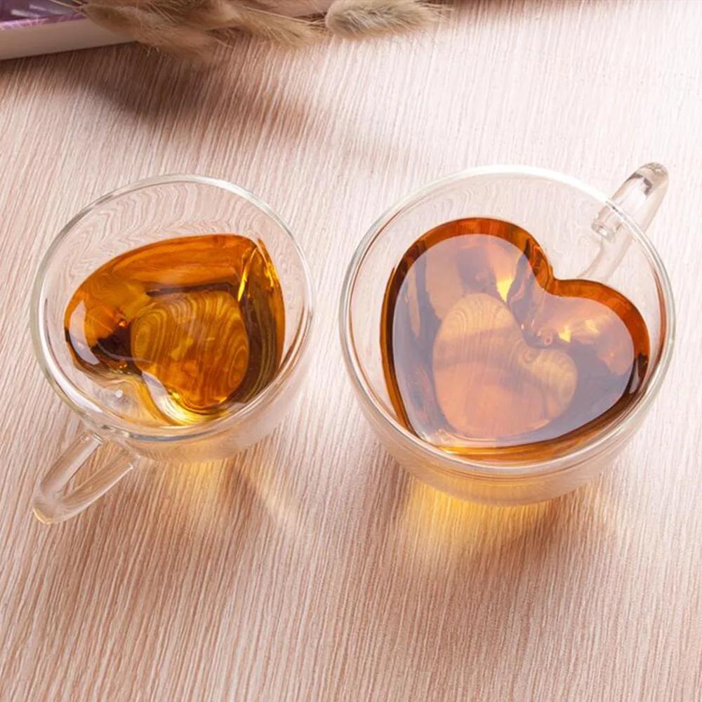 Creative Heart-shaped Double Glass Juice Mug Milk Coffee Cup Drinking Glass Tea Cups Double Wall Layer Tea Cup Heat-resisting