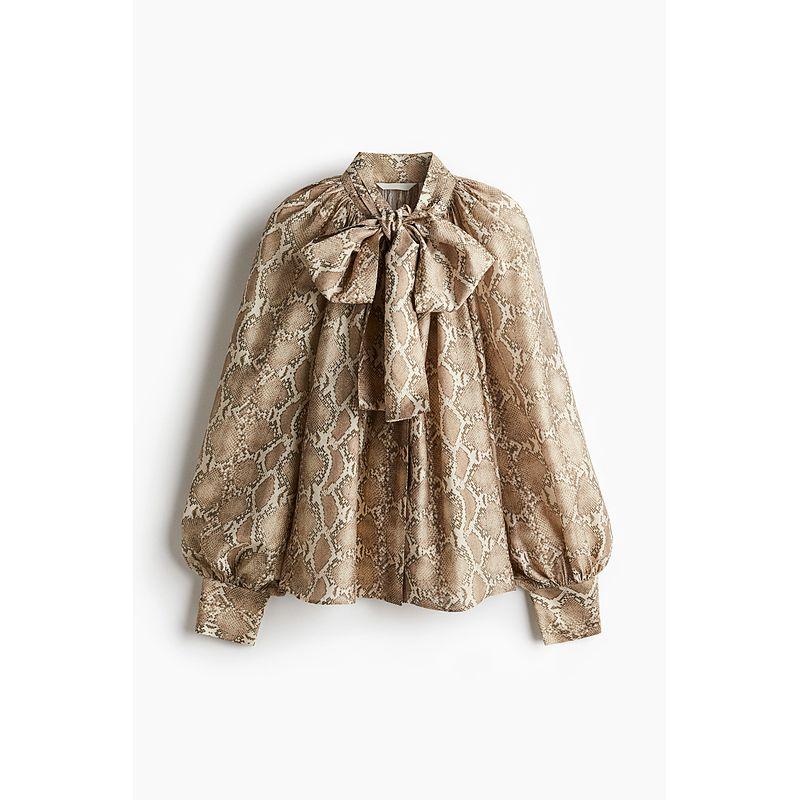 

Женская рубашка HM 2025 Осень Новое поступление Рубашка для кондиционирования воздуха Воротник-стойка Большой силуэт Рукава-фонарики Топы 1255394 Beige/Snake 155/76