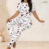 Women Plus Size Floral Printed Round Neck Short Sleeve Long Top And Fitted Pants Two Piece Set