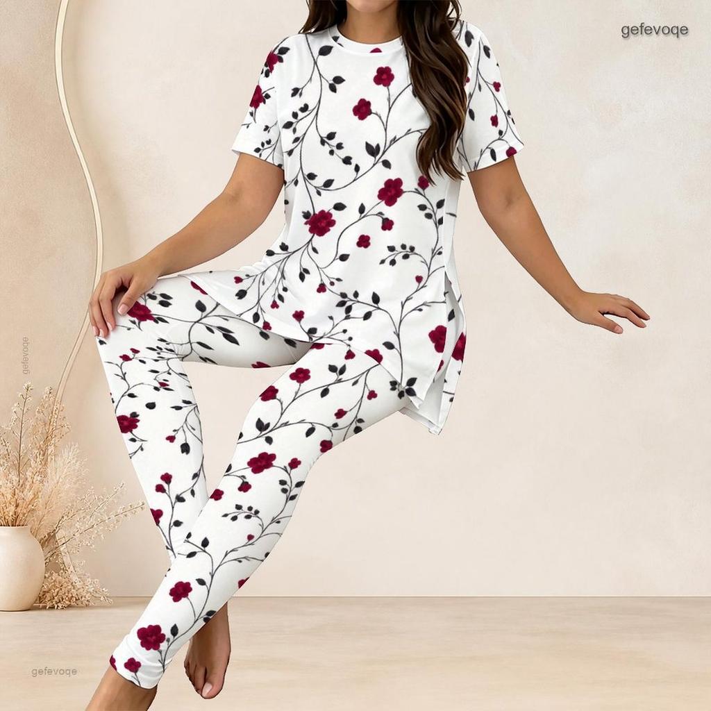 Women Plus Size Floral Printed Round Neck Short Sleeve Long Top And Fitted Pants Two Piece Set