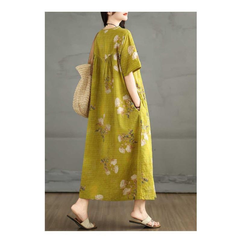 Summer Retro Cotton and Linen Round Neck Short Sleeved Dress, Women's Loose Skirt