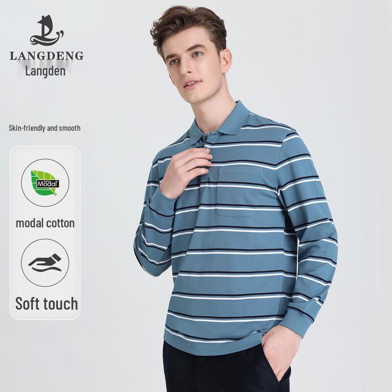 Langdeng Men s Striped Long-Sleeve Polo T-Shirt M
