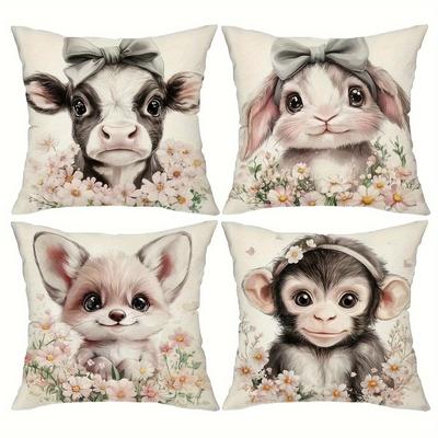 Niedliche Baby-Bauernhoftier-Kissenbezüge, Entzückende Kuh, Hase, Fuchs, Affe mit Gänseblümchen-Print, Kissenhüllen, Kinderzimmer-Heimdekoration