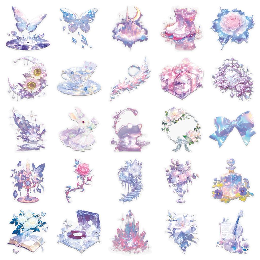 

50 Pieces Dreamy INS-Style PET Transparent Stickers Sweet Waterproof High-End Amethyst Decals for Phones Journals Water Bottles