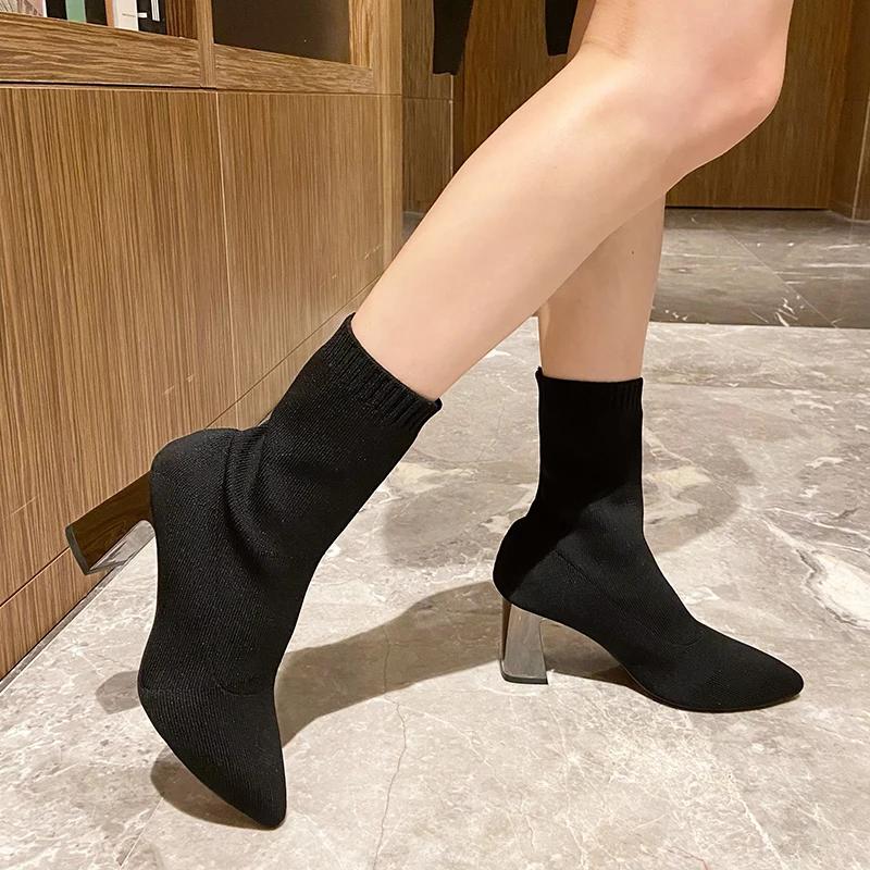 Fashion Spring and Autumn High Heeled Booties 2025 New Versatile Pointed Toe Block Heel Women's Sock Boots