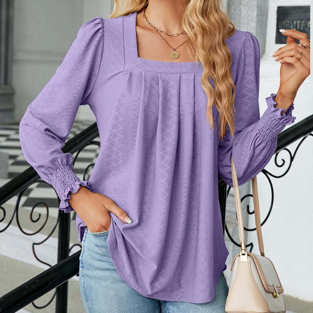 BITCED Autumn/Winter Women's Jacquard Pleated Square Collar Long Sleeve Dovetail Solid Color T-shirt Woman