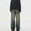 "Autumn Retro Men's Yellow Mud-Dyed Wide-Leg Jeans: American Brand, Loose Fit, Washed & Distressed."