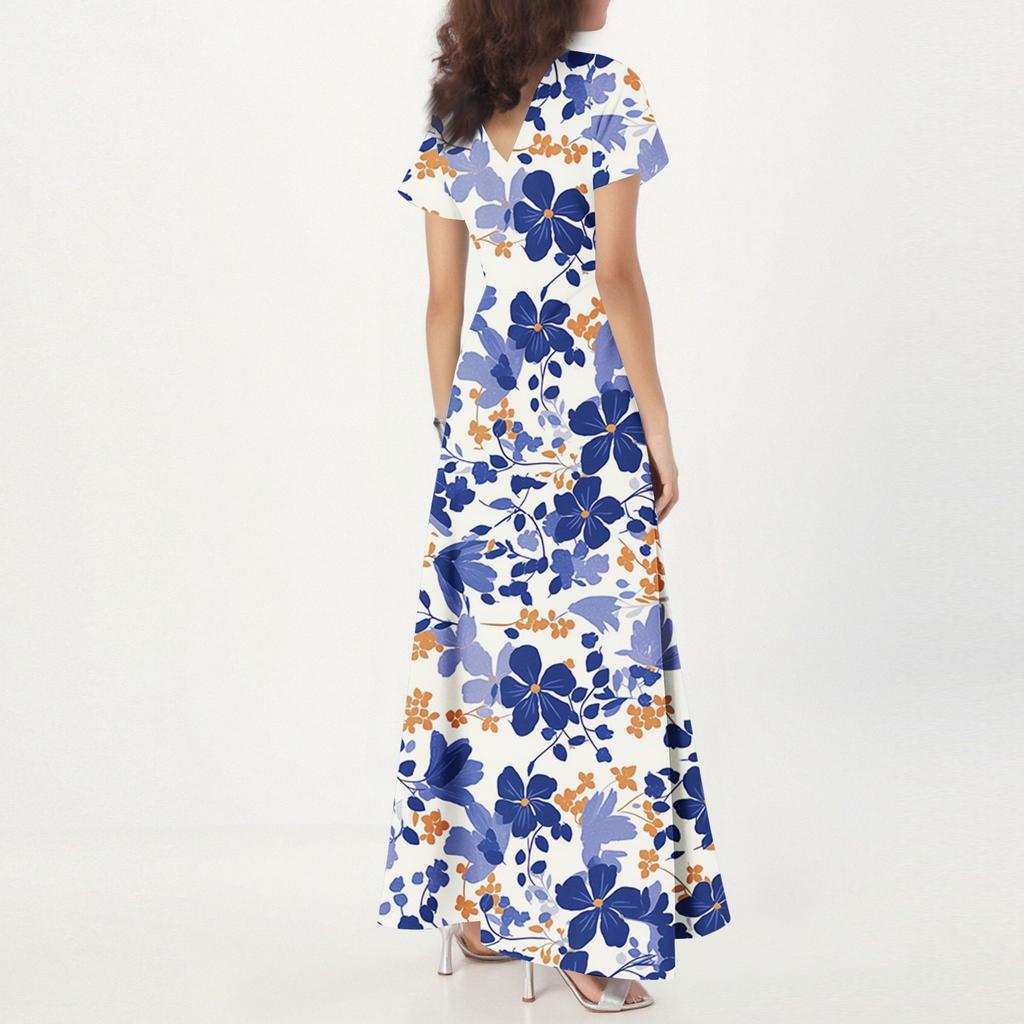 Women's Casual V-neck Short Sleeve High Waist Retro Flower Leaf Print Dress