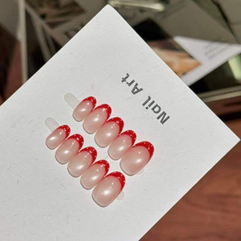 10Pcs Red French Press On Nails - Nude Cat Eye Fake Nails XS