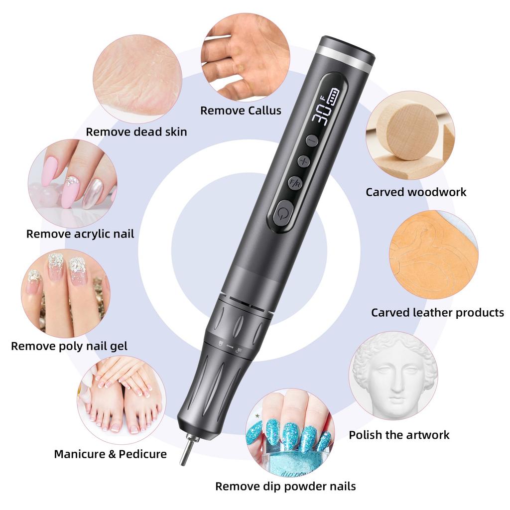 Cordless Electric Nail Drill Machine with LED Display Forward Reverse Direction E File Nail Drill for Acrylic Nails Manicure Set