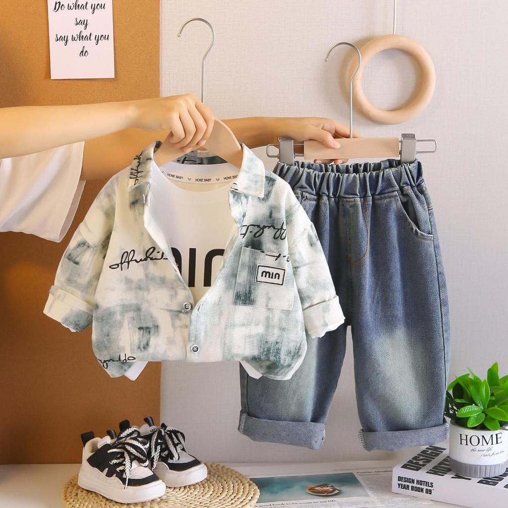 Boys' Long Sleeved Three Piece Set, 0-5-Year-old Children's Casual Shirt Jacket+white Top+denim Pants Set