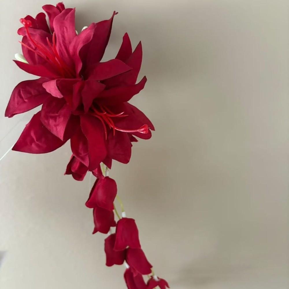 Red Rose Flower Hair Clips Artificial Flower Flower Petal Hairgrip Lily Tassels Hairpins Bridal