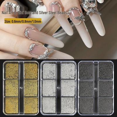 Mini Steel Beads Nail Art Decorations - Gold & Silver, 6 Grids, Various Sizes.