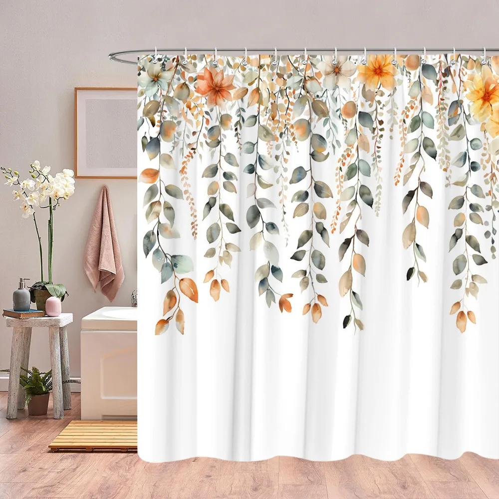 Autumn Eucalyptus Leaves Watercolour Shower Curtain Sagging Yellow Leaves Thanksgiving Gift Fabric Shower Curtain Bathroom Decor