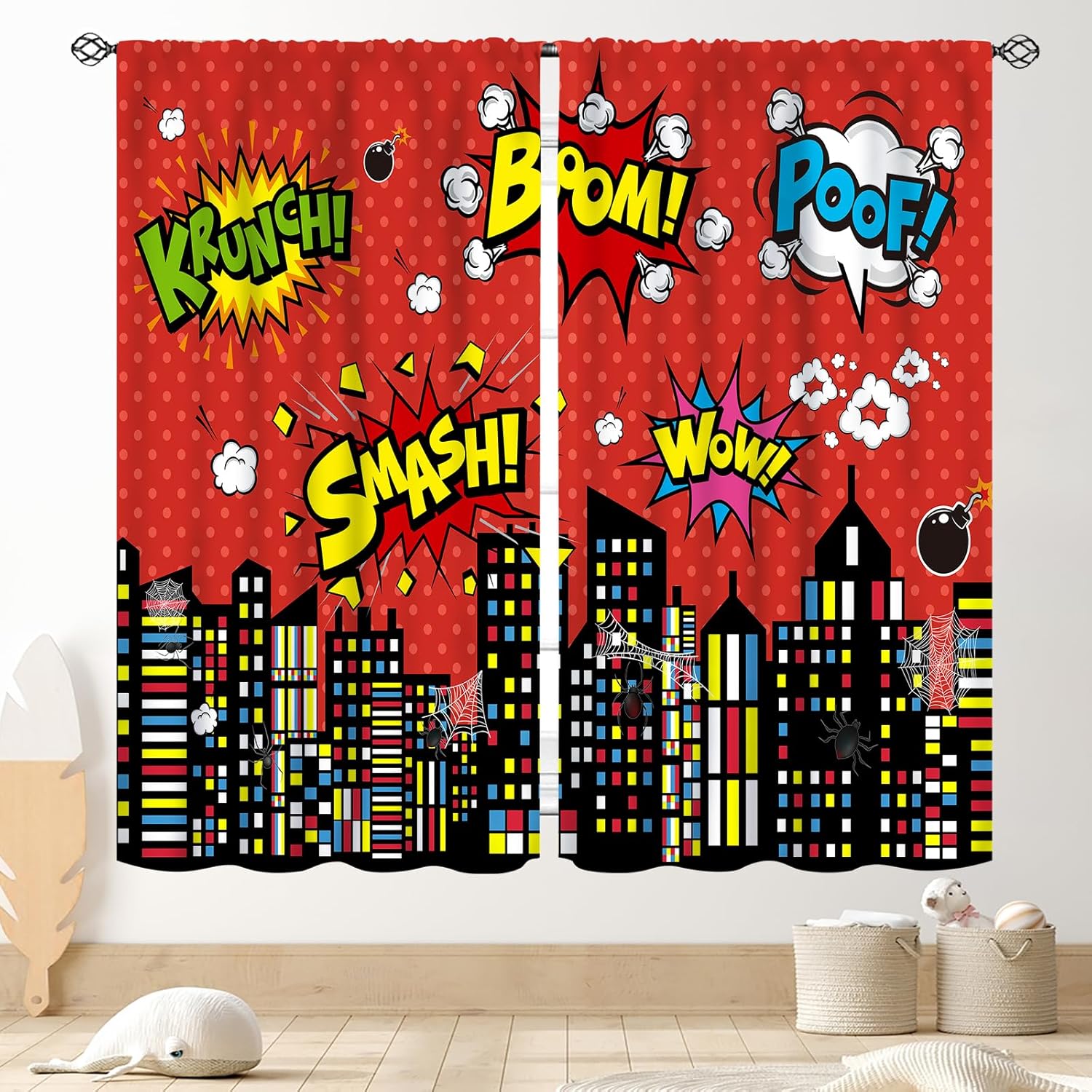 Comic Book Curta Boom Smash Pow Print For Kids Room Game Room Window Superhero Decor 53x116cm 2pc21x46in