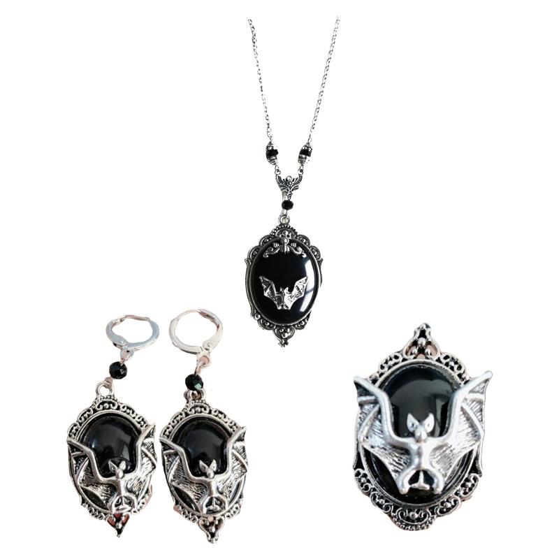 Halloween Black Bat Vampire Earrings Necklace Ring Jewelry Set Halloween Scary Decor Party Gothic Jewellery Gift for Women Girl