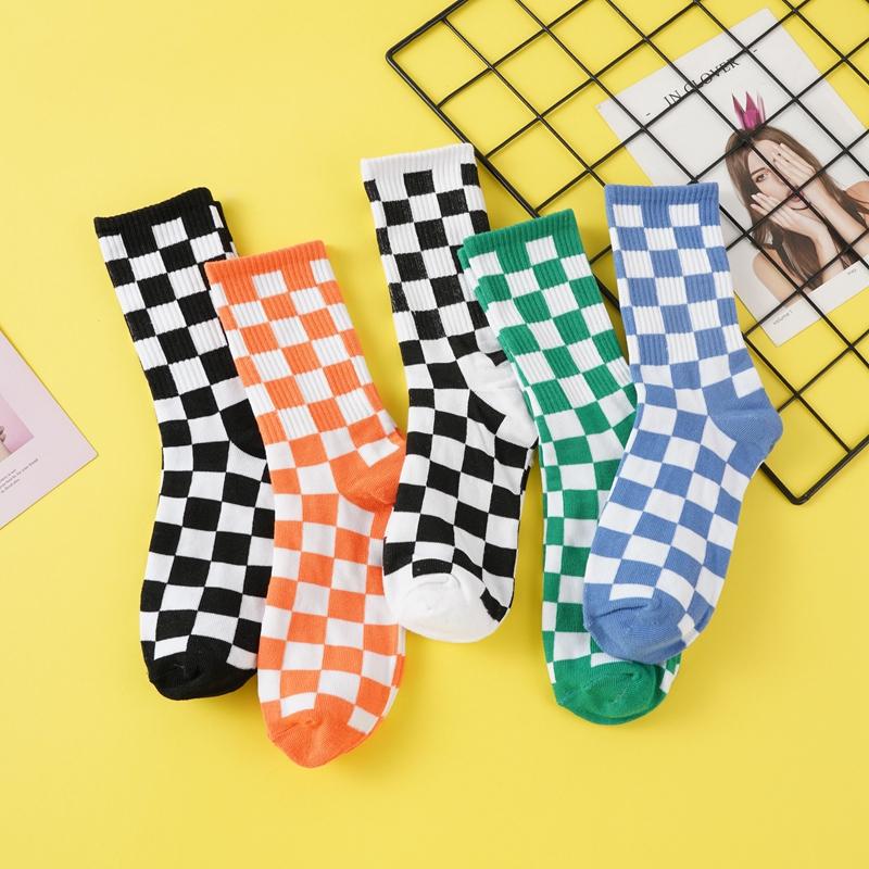 3 Paires Femmes Chaussettes en Coton Respirantes Mi-Mollet Mode Drôle Noir Blanc Carreaux Plaid Chaussettes Décontractées