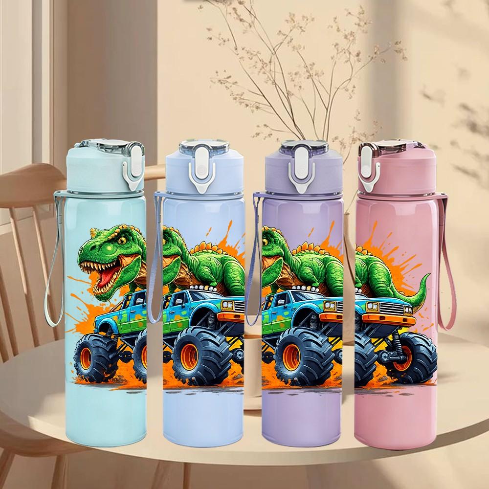 1PC Bright Color Monster Truck Cartoon Print 750ml Color Plastic Sports Water Bottle Leakproof Flip Straw Lid Suitable for Sports Office Home Use