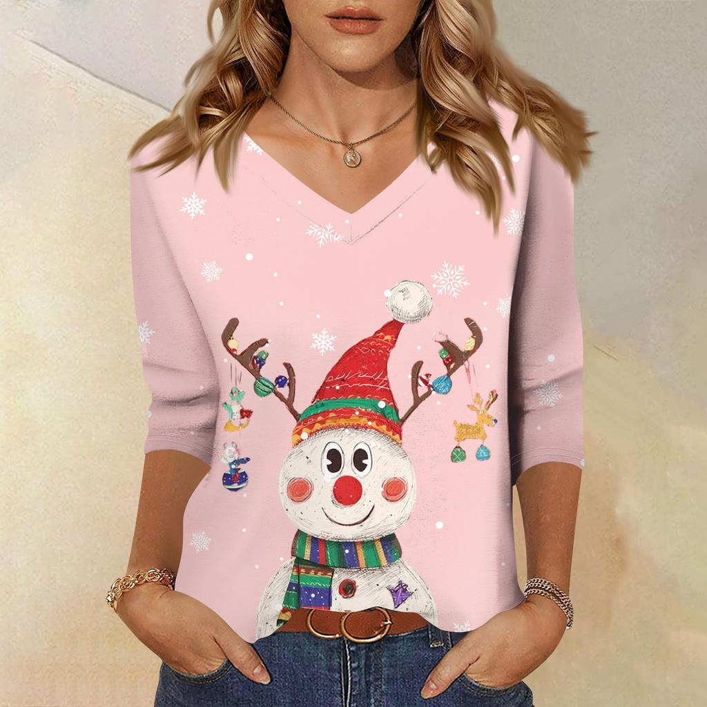 3/4 Sleeve Shirts For Women Print Christmas Tees Blouses Casual Plus Size Basic Tops Pullover