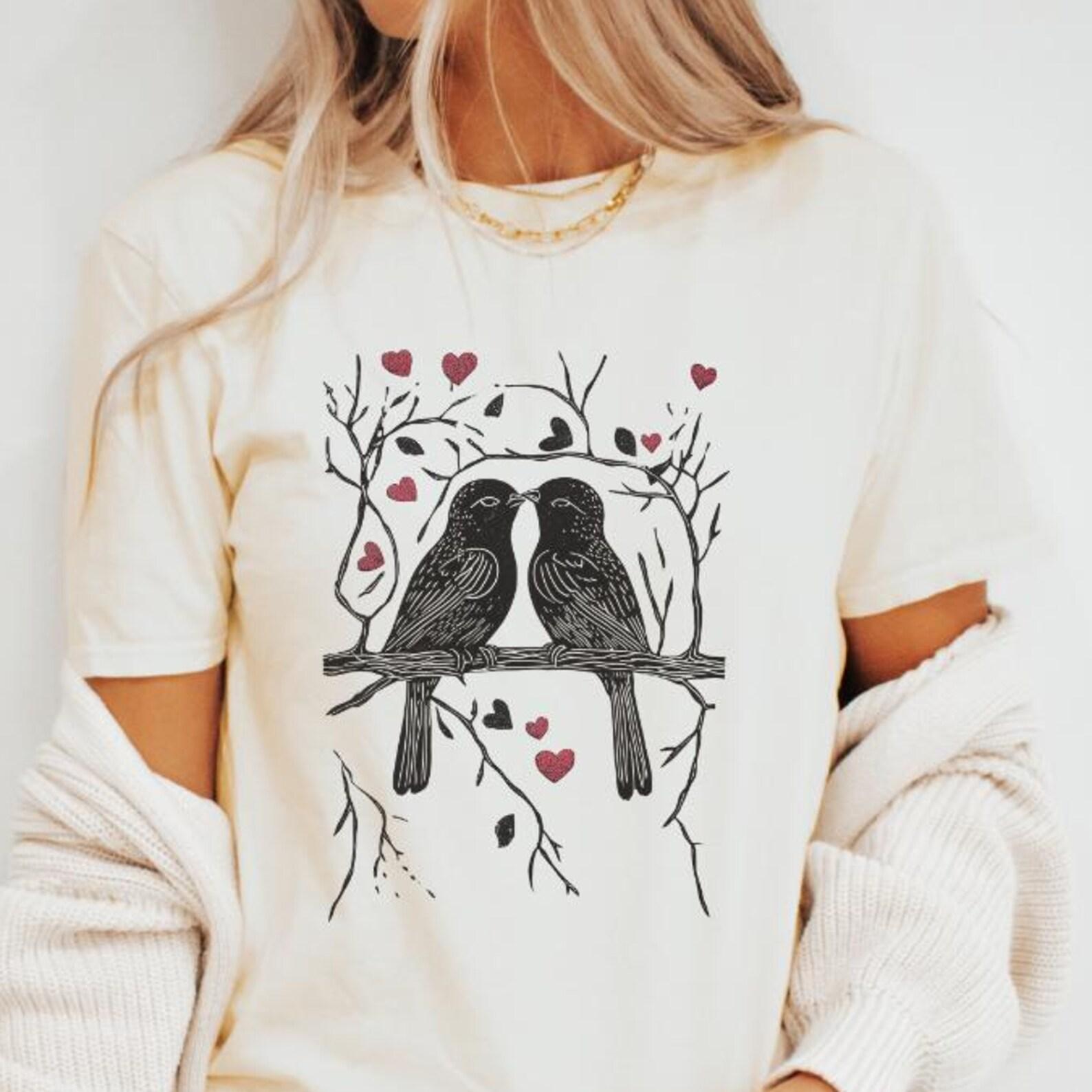 Romantic Birds Couple T-Shirt, Cute Love Birds Graphic Tee, Anniversary Present, Sweetheart Shirt 150