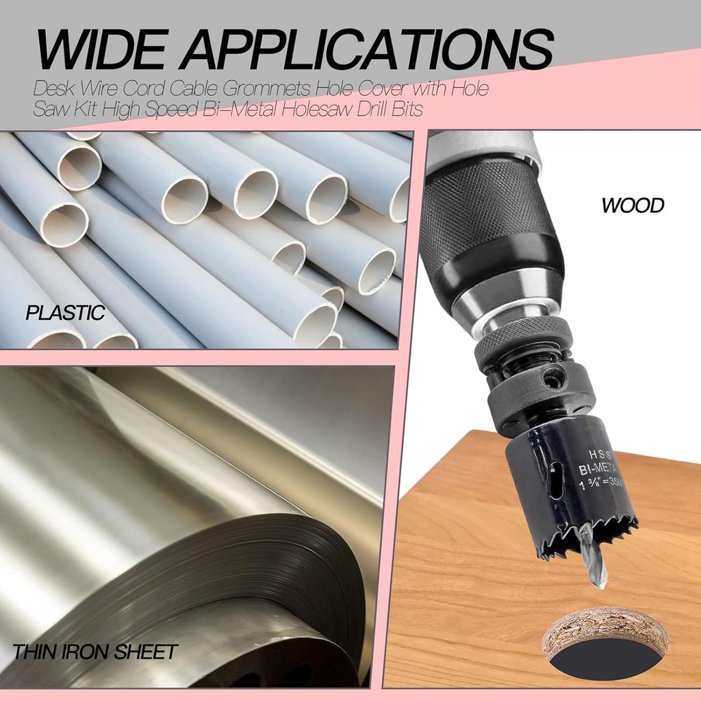 1-3/8 Inch Desk Hole Grommet Desk Cord Grommet with Bi-Metal Hole Saw Drill Bits, Cable Hole Cover Plastic Wire Grommets Desk Grommet Kit Wire
