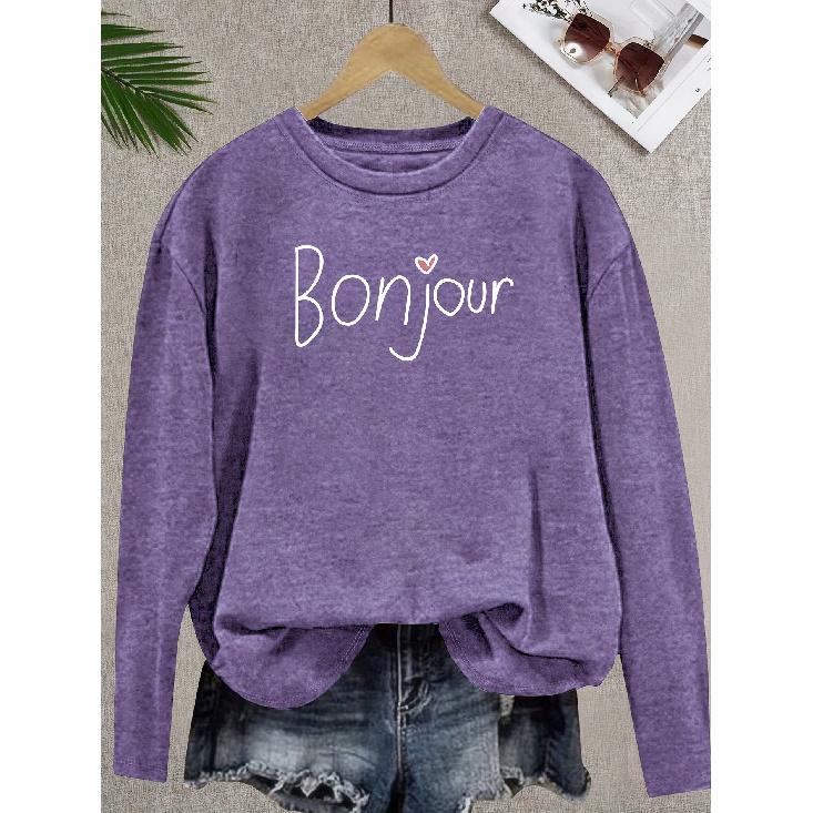 Women s casual elegant style with fresh heart and letter print pattern, casual round neck, long sleeve for spring, summer, autumn, and winter T S фиолетовый