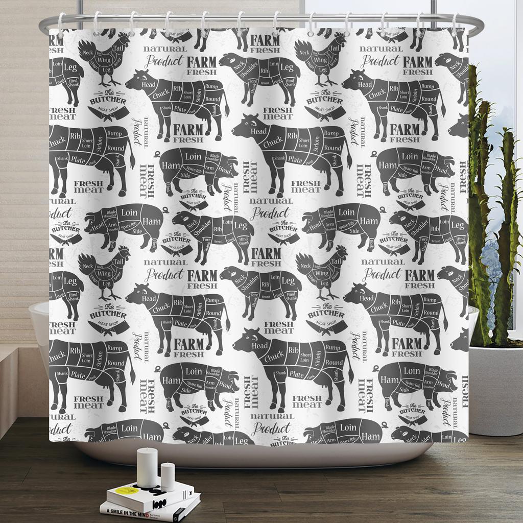 Bauernhoftiere Duschvorhang Niedlich Lustig Kuh Huhn Schwein Blume Pferd Holz Bauernhaus Scheune Rustikal Duschvorhang für Badezimmerdeko