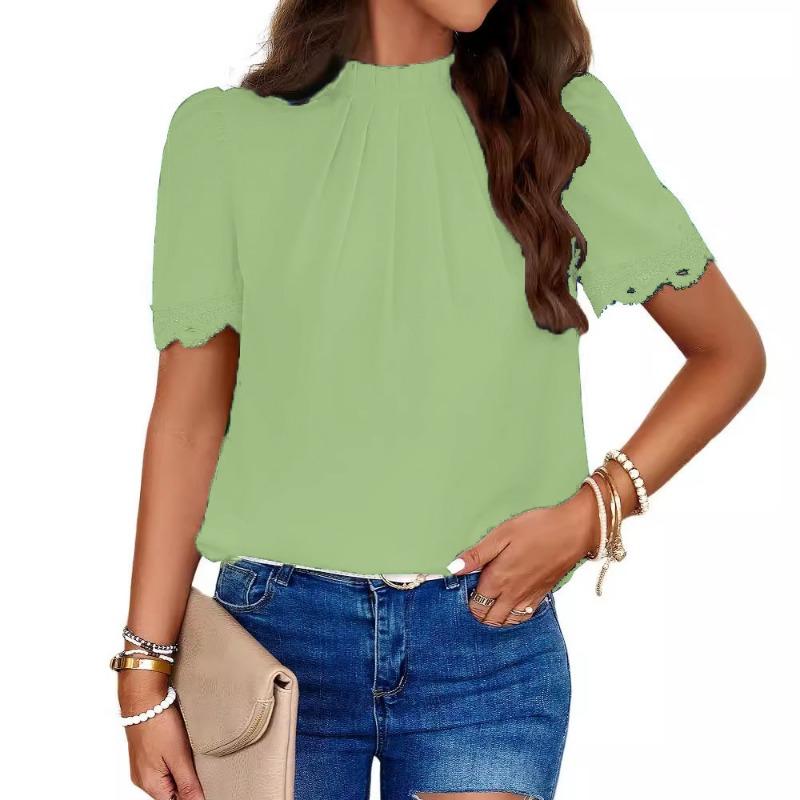 YYFS Damenmode, lässig, Sommer, Frühling, einfarbig, bedruckt, kurzärmelig, O-Ausschnitt, Blusen und Hemden