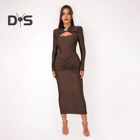 Dámské večerní šaty s vyhloubeným tělem, kovová spona nařasená elastická čistá barva midi šaty s dlouhým rukávem, plesové šaty