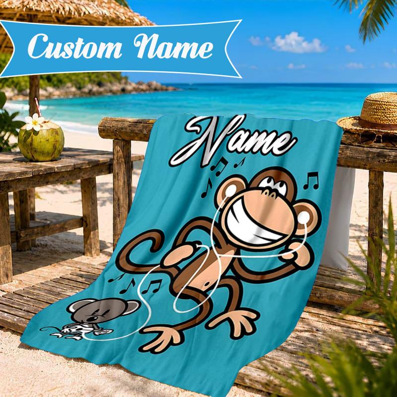Custom Name Monkey Refuses Listen Heart In Space Adventure Microfiber Beach Towel, Lightweight for Summer Travel, Swimming Pool Fan Gift