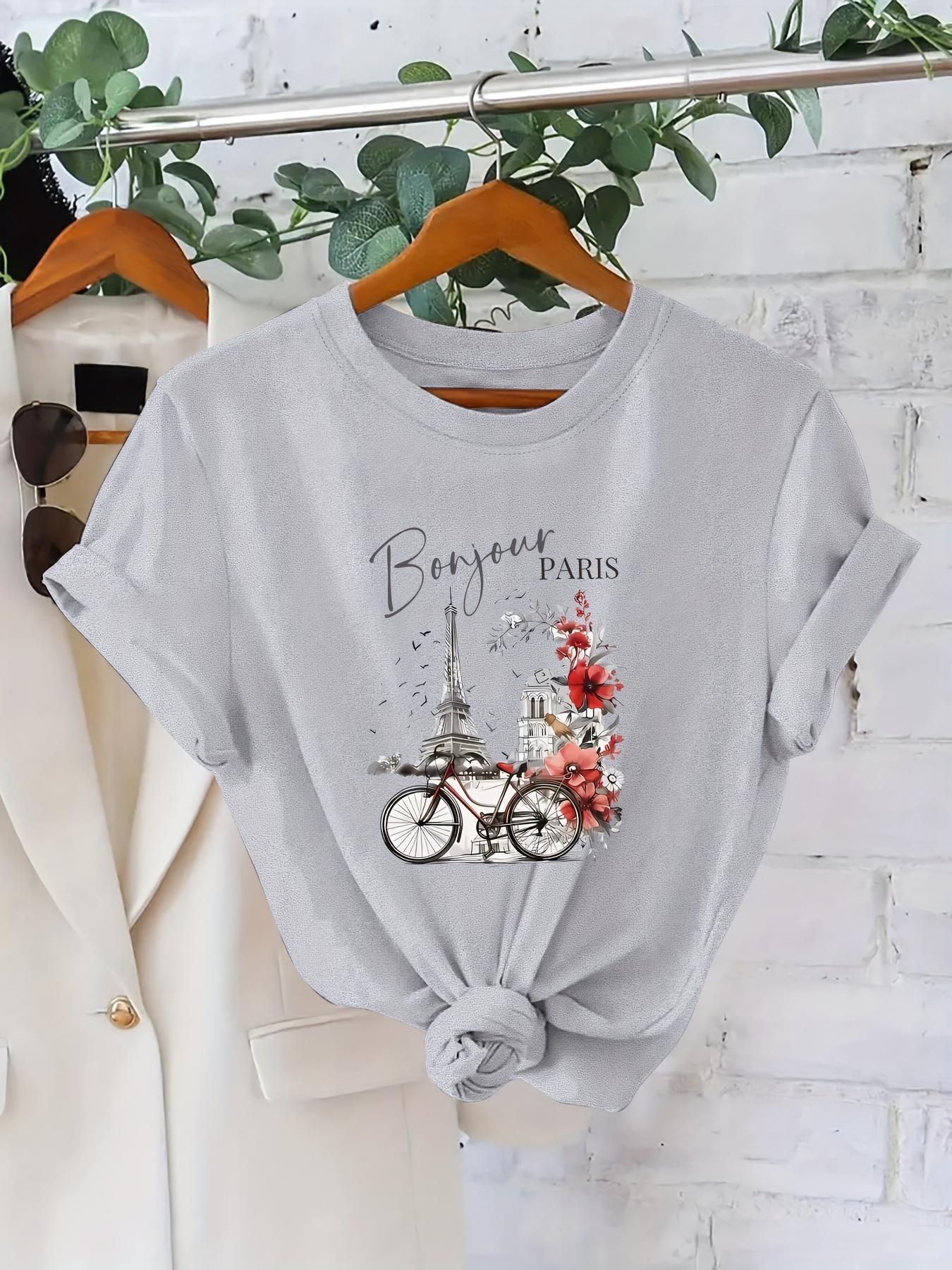 

Womens Casual Short Sleeve Crew Neck ParisianInspired Eiffel Tower Floral Bicycle Graphic with Bonjour Paris Letter Print S
