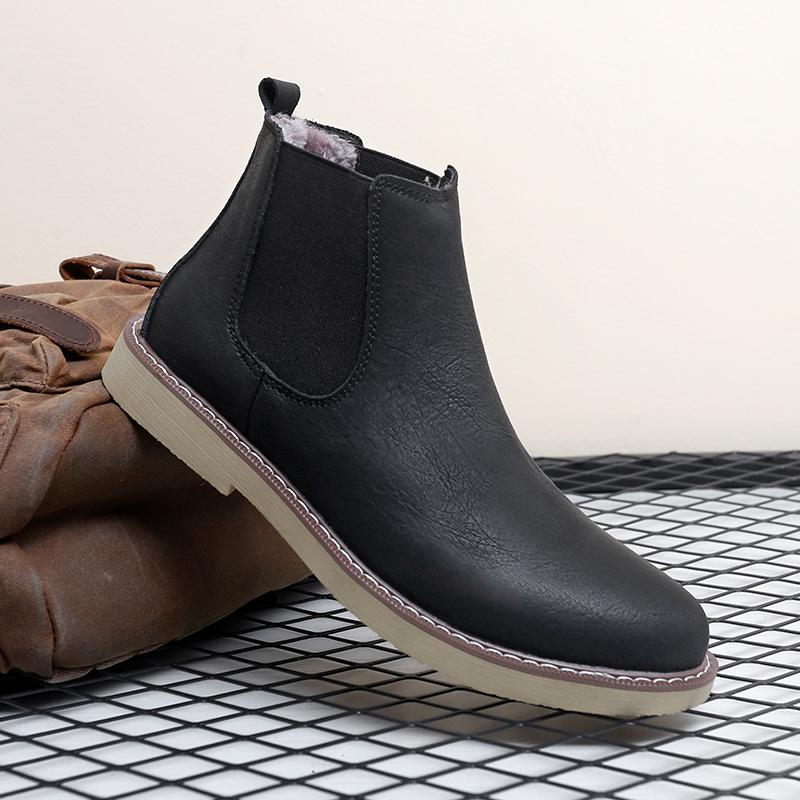 Warmes Plüschfell Winter Herren Chelsea Boots Neue Mode Bequeme Mann Stiefeletten Echtes Leder Gummiband Business Casual Schuhe
