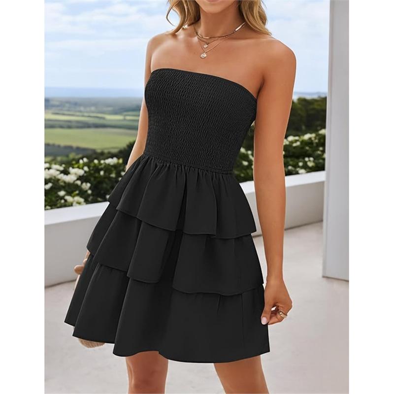 Women's Strapless Sleeveless Smocked Tiered Mini Dress Casual Summer Ruffle Layered Sundress