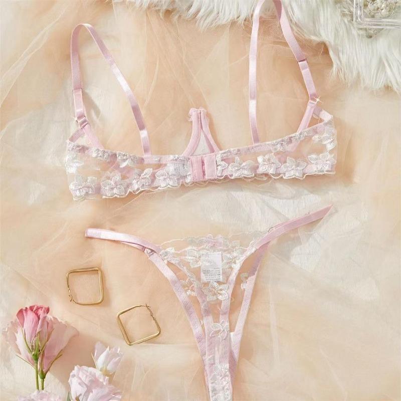 New Hair Delivery Floral Embroidered Mesh Bra and Panties Sexy Underwear Set Pink and Sweet