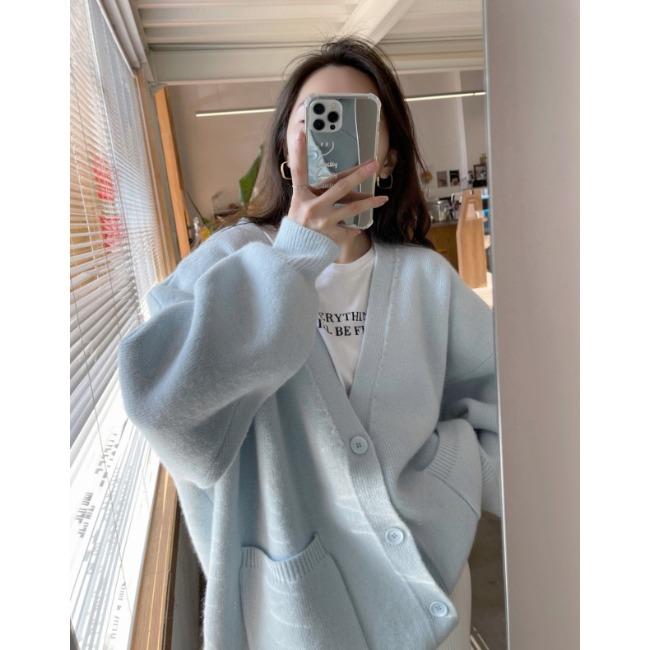 Autumn and Winter Women's Sweater Solid Color Lazy Wind Loose Knit Long-sleeved Cardigan Jacket