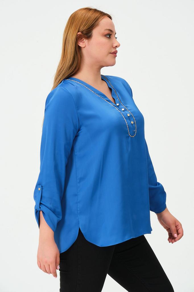 Damen Bluse in großer Größe Plus Size Bluse mit Ketten-Accessoires am Kragen