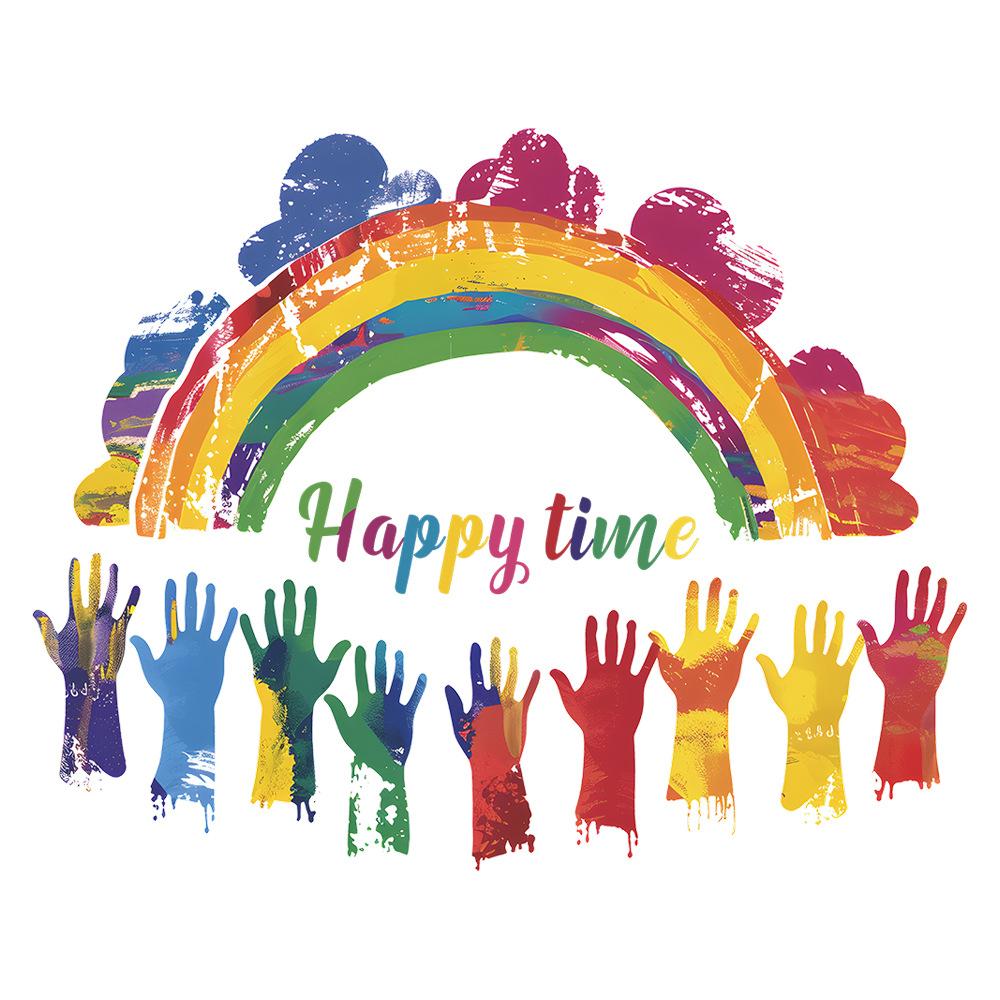 Graffiti Handprint Rainbow Happy Time Wall Sticker Self-Adhesive for Kids Room Kindergarten Wall Decoration