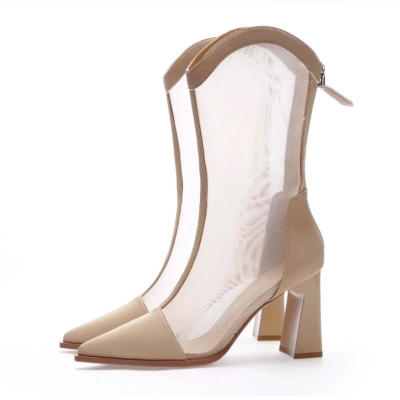 Dameslaarzen Temperament Puntige Neus Hoge Hak Coole Laarzen Dames Zomer Coole Laars Ademend Mesh Halve Kuit Coole Laarzen voor Dames