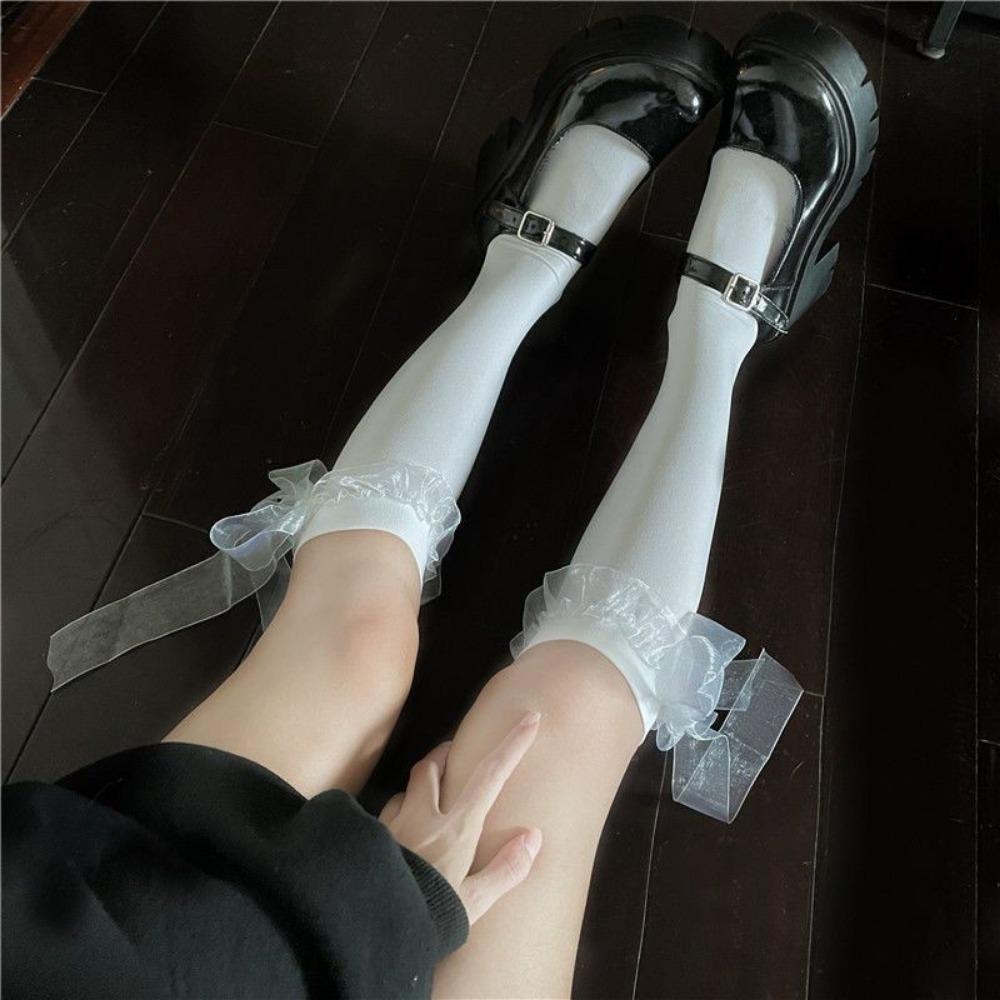 Black Streamer Half-length Stockings Women's Thin Summer Cute Medium Tube Calf Socks Lolita Bow Jk Long Socks