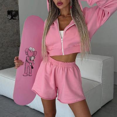 Europe, America 1116 Autumn and Winter Two-piece Set Loose Hooded Zipper Short Sweater Shorts Set Women's Clothing