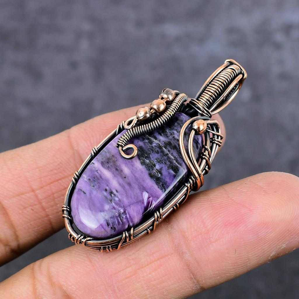 Russian Charoite Gemstone Copper Wire Wrap Jewelry Pendant 2.05" a8e82