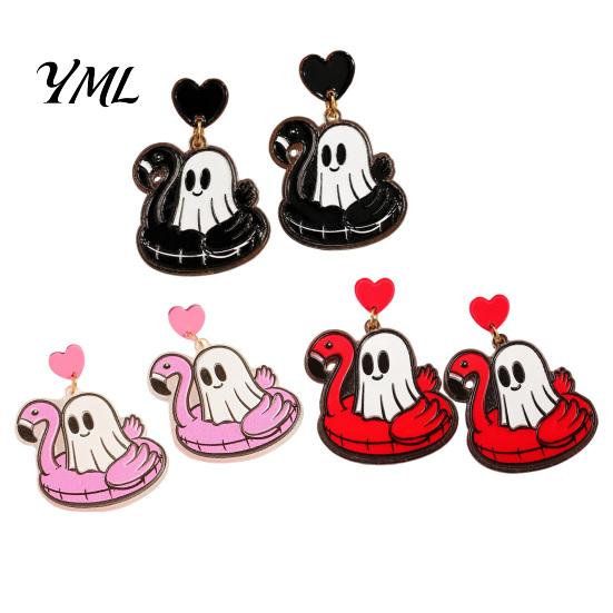 Flamingo Swimming Ring Jewelry 1 Pair Summer Halloween Ghost Earrings for Women, Cute Cartoon Dangle Pool Float Drop Earrings, 2D Acrylic Holiday