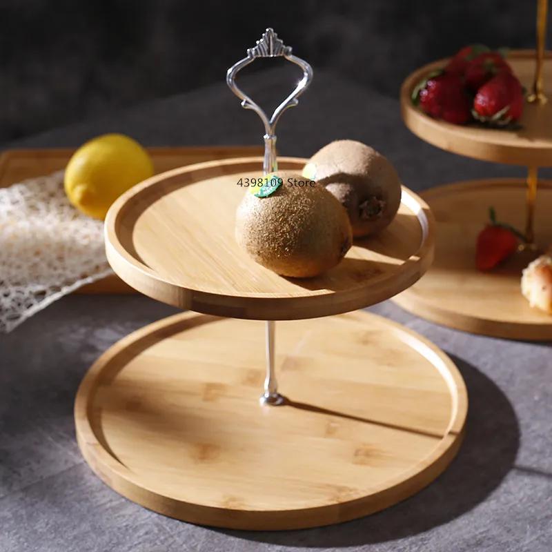 Natural Bamboo Tray Creative Double Layer Fruit Bread Plate Living Room Household Tableware Afternoon Tea Snack Cake Stand