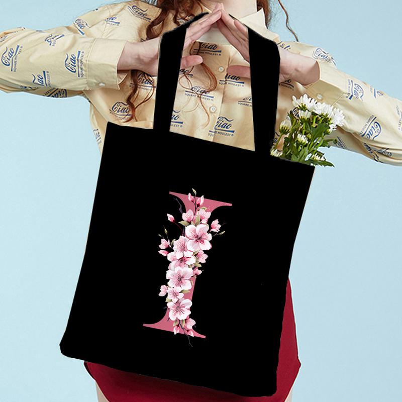 Pink Sakura Handbags Women Eco Reusable Tote Bag Cherry Blossom College Canvas Bag Vintage Sakura Alphabet Ladies Shoulder Bag